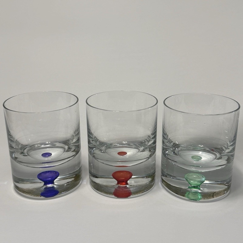 Vintage Art Glass Rocks Glasses Set 3 Colored Bubble Base Purple Red Green